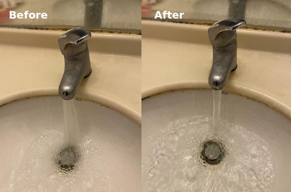 水管清洗前後的水龍頭出水對比:清洗後出水量明顯變大