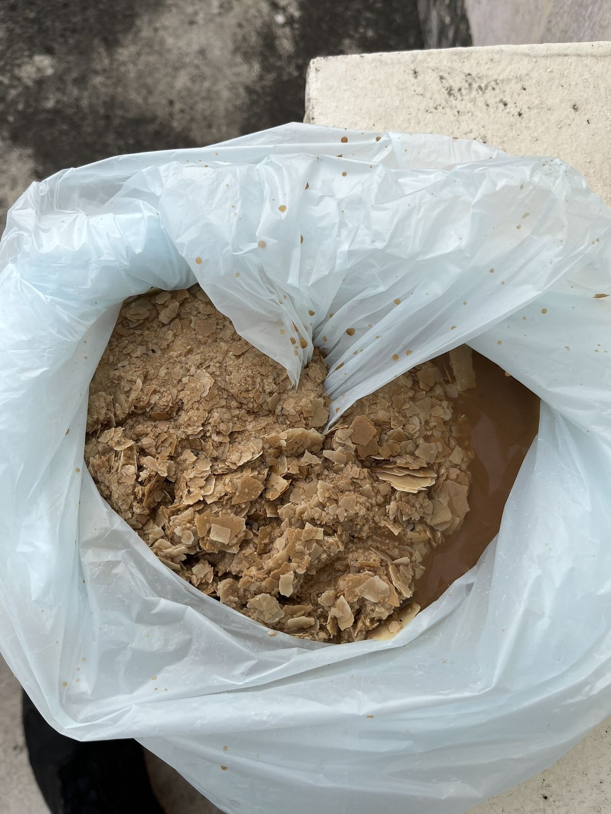 高雄鳳山住宅水塔清洗後收集的大量片狀沉積物與水垢實拍照片。